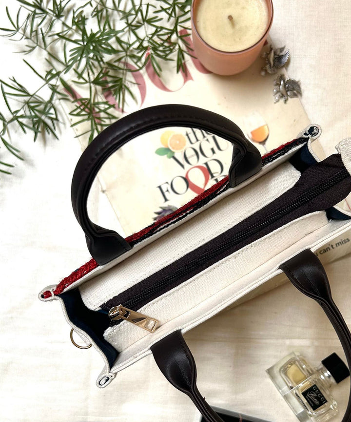 White hand embroidered kashmiri canvas sling bag