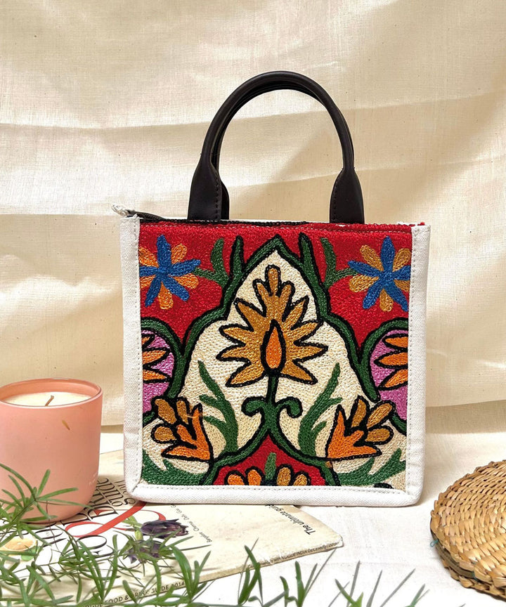 White hand embroidered kashmiri canvas sling bag