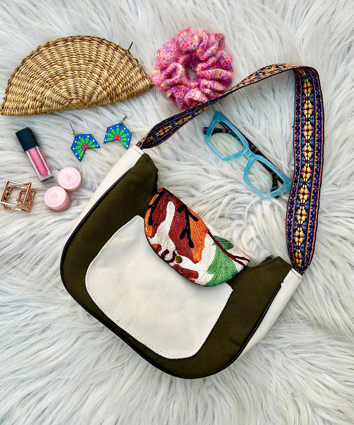 Olive green hand embroidered kashmiri canvas saddle bag