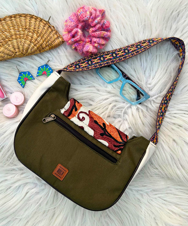 Olive green hand embroidered kashmiri canvas saddle bag