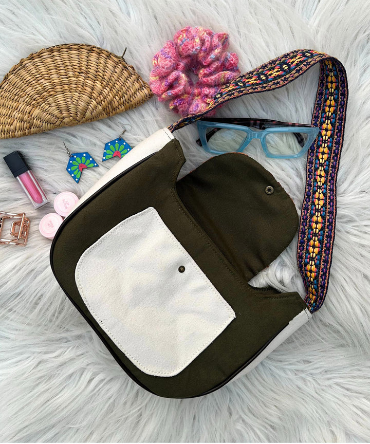 Olive green hand embroidered kashmiri canvas saddle bag