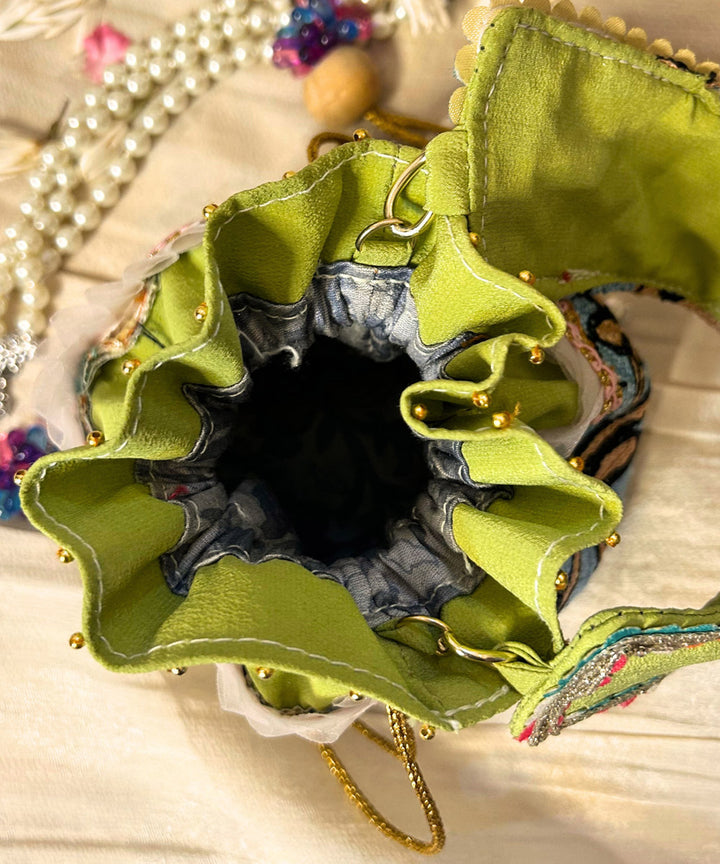 Lemon green hand embroidered kashmiri potli bag