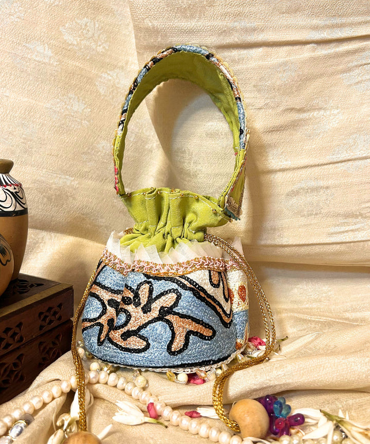 Lemon green hand embroidered kashmiri potli bag