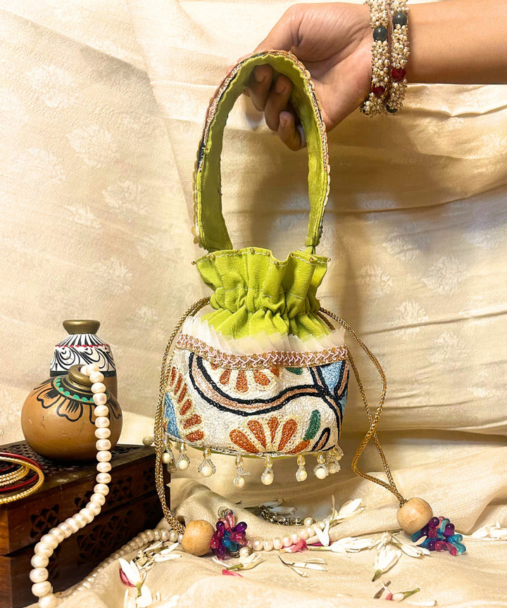 Lemon green hand embroidered kashmiri potli bag