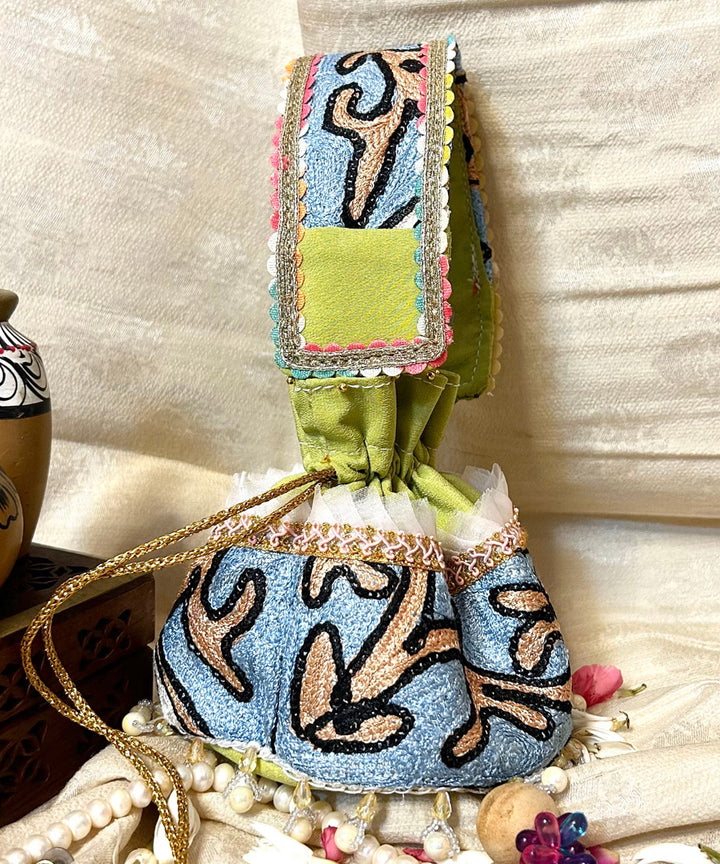 Lemon green hand embroidered kashmiri potli bag