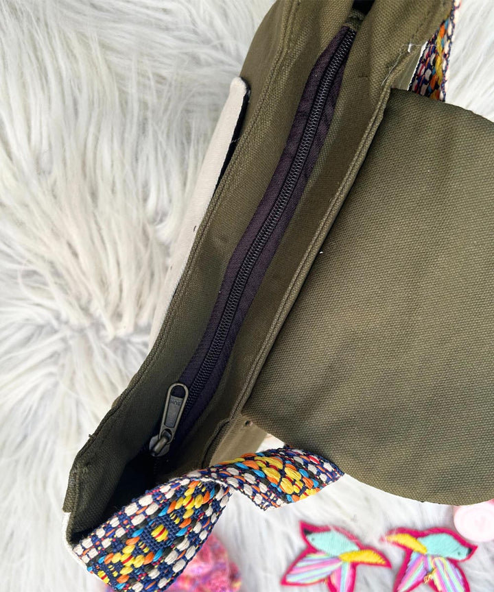 Olive green maple hand embroidered kashmiri canvas saddle bag