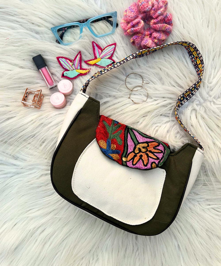 Olive green maple hand embroidered kashmiri canvas saddle bag