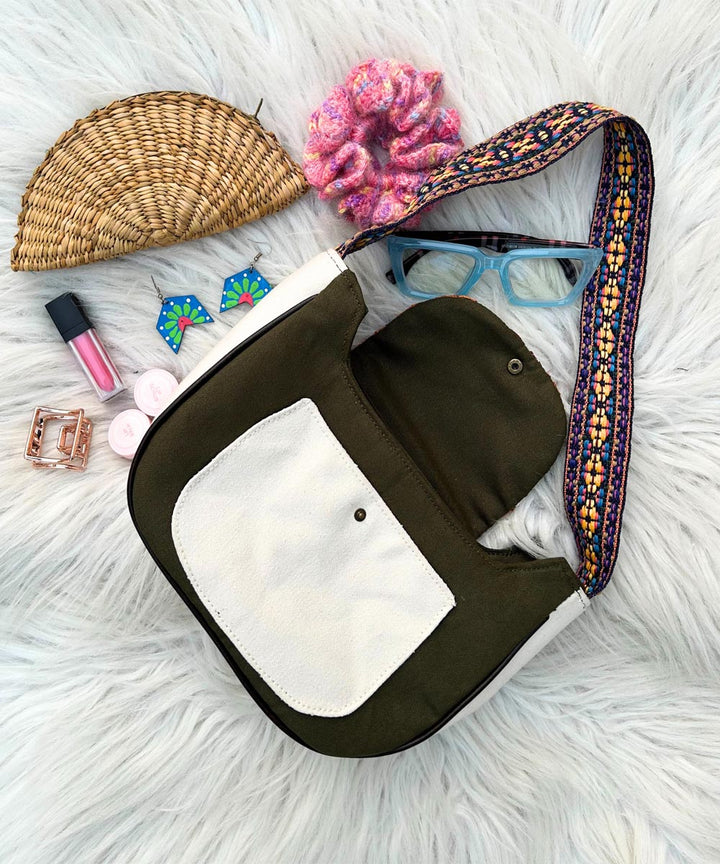Olive green maple hand embroidered kashmiri canvas saddle bag