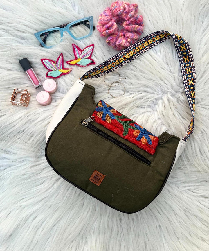 Olive green maple hand embroidered kashmiri canvas saddle bag