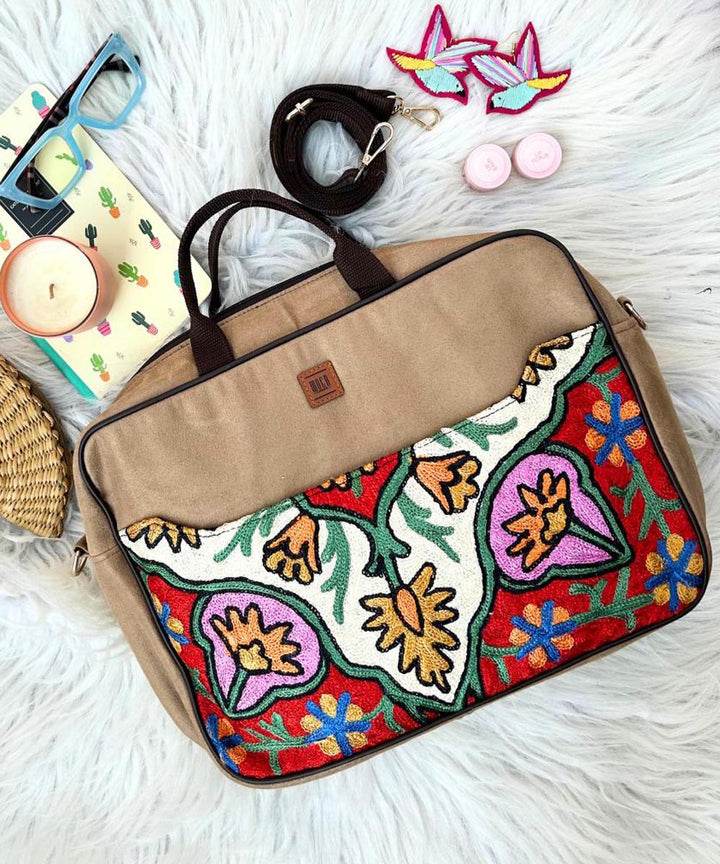 Multicolor hand embroidered kashmiri suede laptop bag