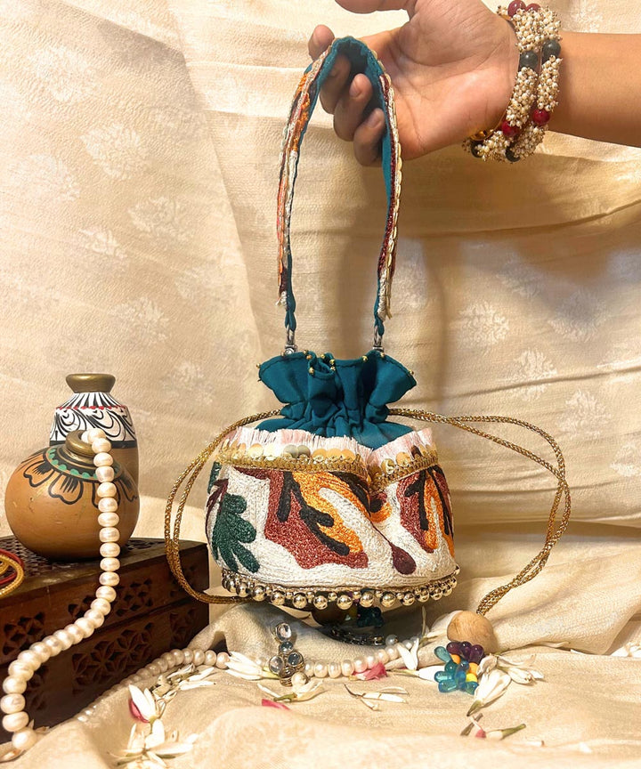 Turquoise green hand embroidered kashmiri potli bag