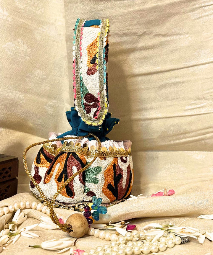 Turquoise green hand embroidered kashmiri potli bag