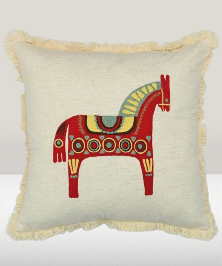 Cream horse handembroidered cotton cushion cover