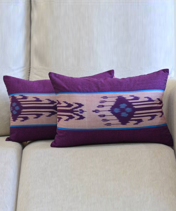 Purple cream handwoven ikat cotton cushion cover