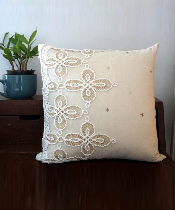 Cream-cord handembroidered floral cotton cushion cover