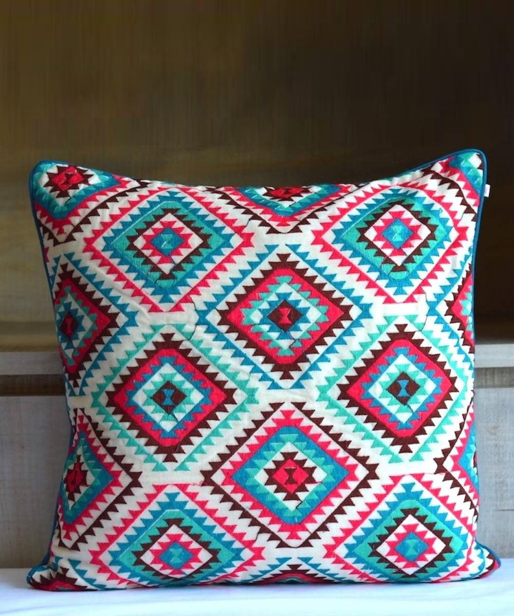 Blue handembroidered cotton cushion cover