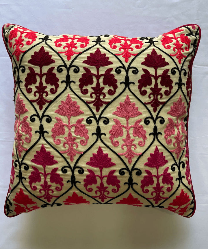 Pink hand embroidered floral cotton cushion cover