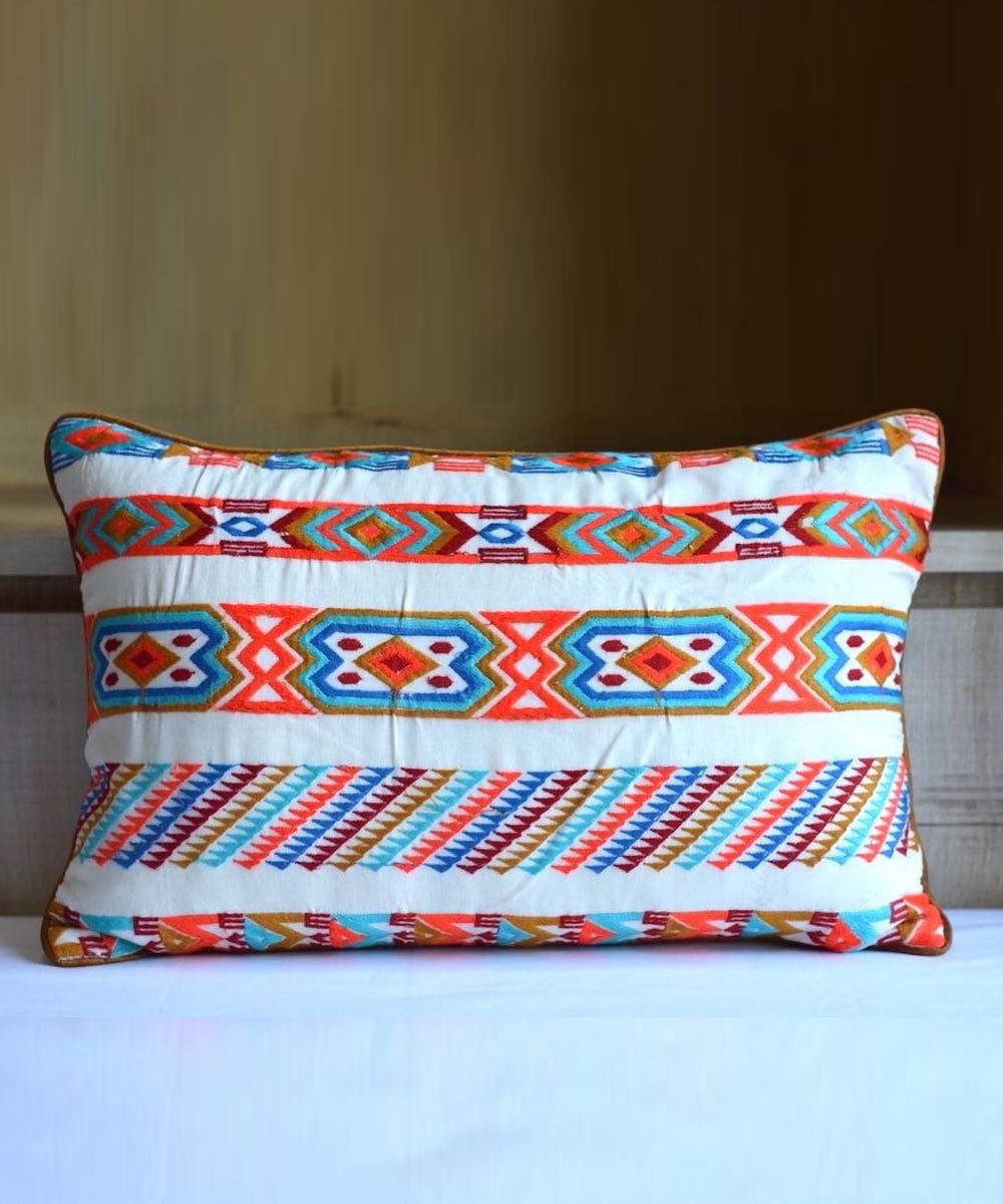 Multicolor hand embroidered lumbar cotton cushion cover