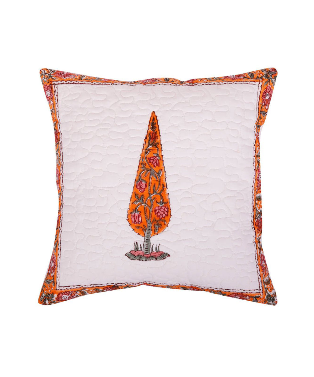White orange leaf block print cotton cushion cover