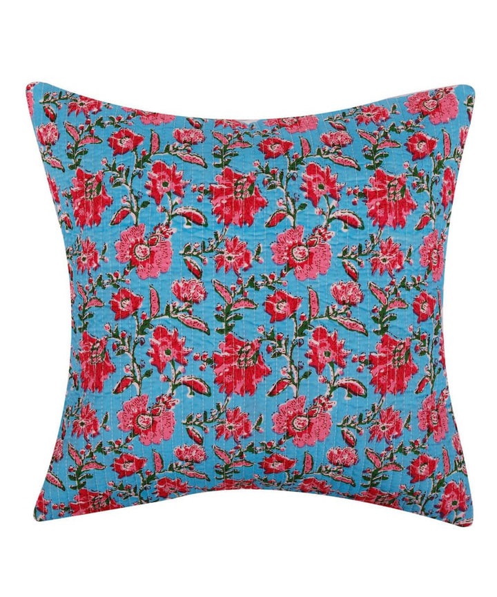 Red blue handblock floral cotton cushion cover