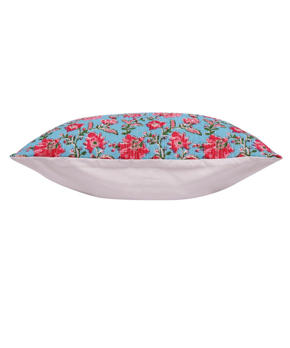 Red blue handblock floral cotton cushion cover
