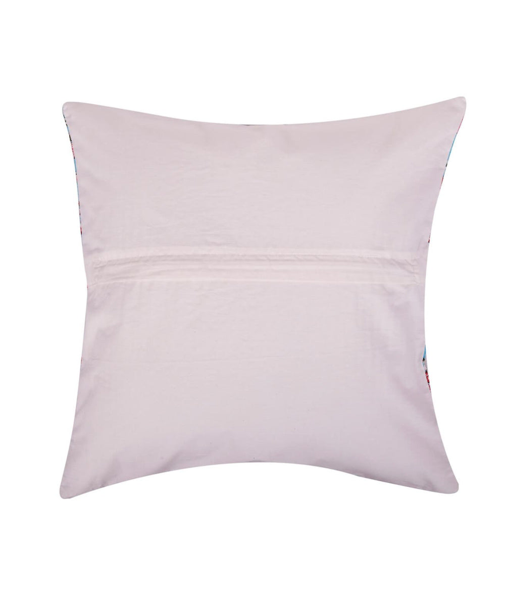 Red blue handblock floral cotton cushion cover