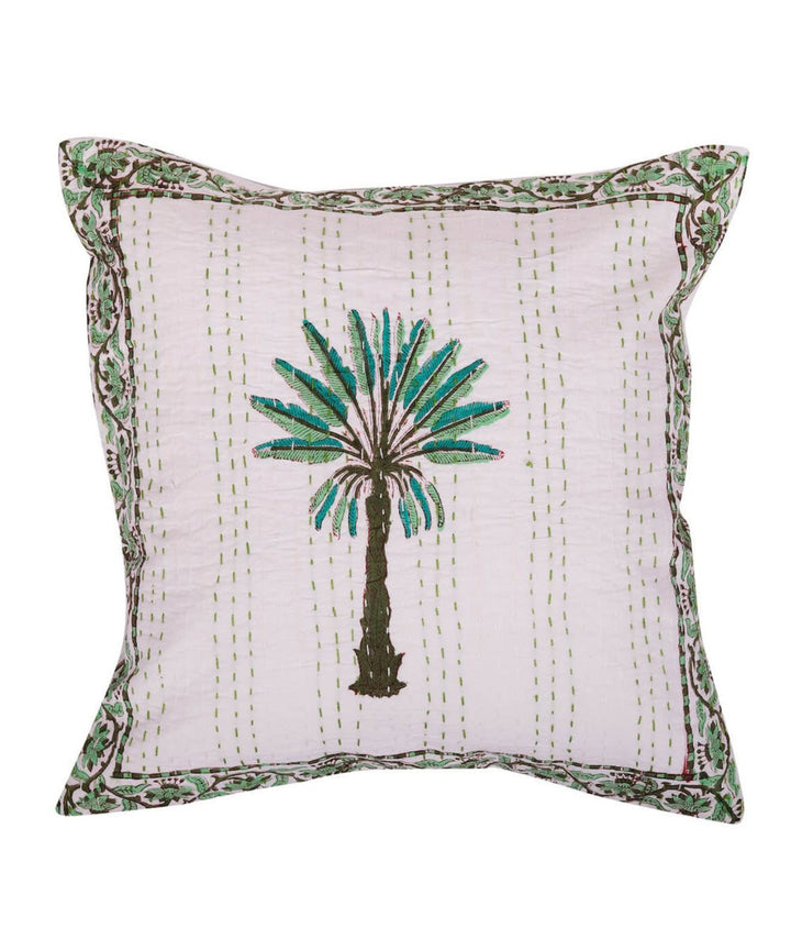 White green handblock kanthastitch cotton cushion cover