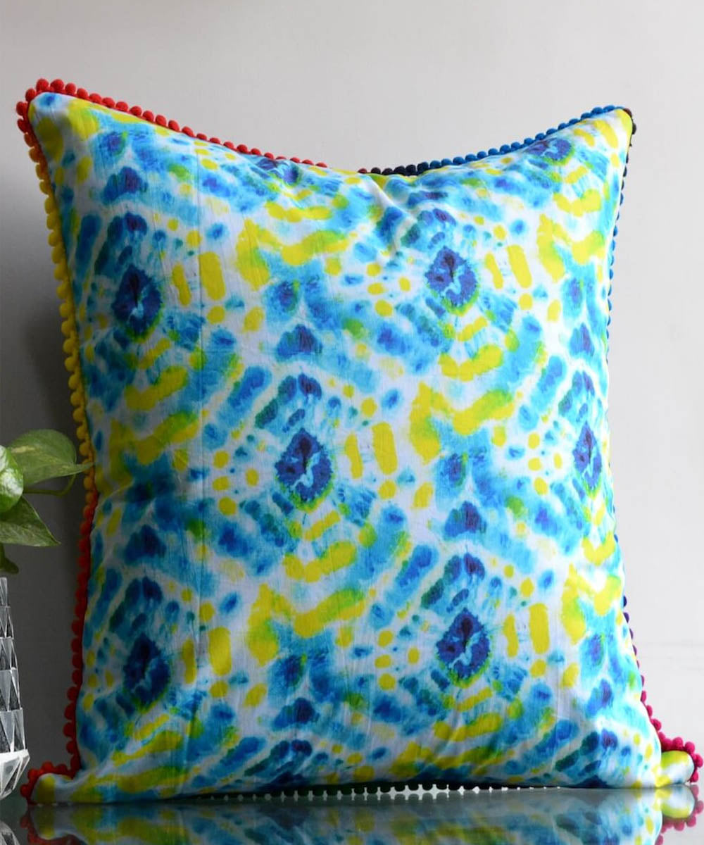 Yellow blue handpainted tie dye cotton cushion cover