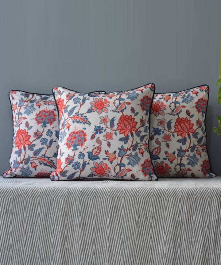 White handpainted kalamkari floral cotton cushion cover