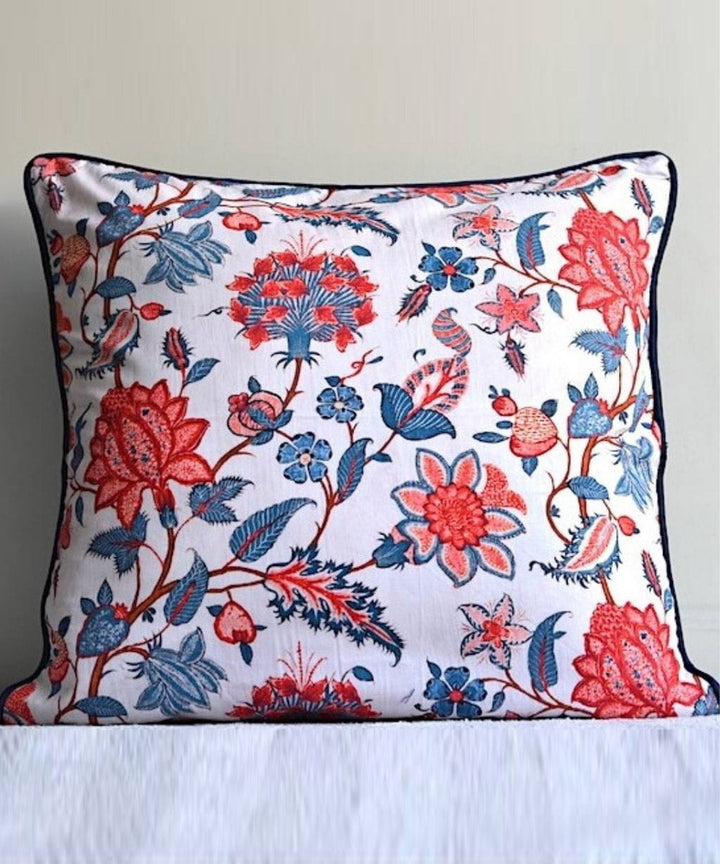 White handpainted kalamkari floral cotton cushion cover