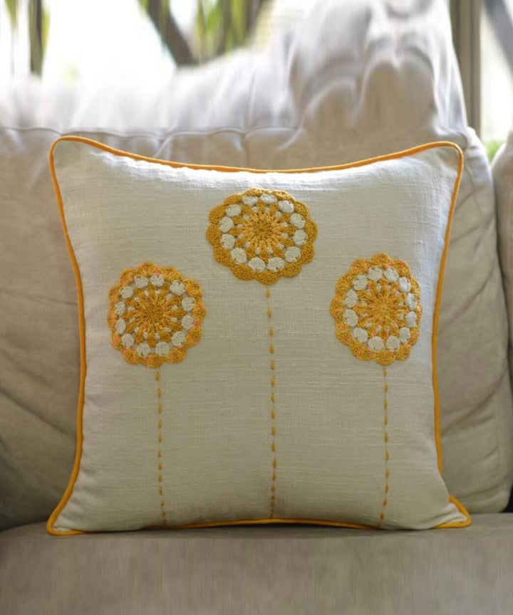 Cream sunflower handembroidered crochet cushion cover