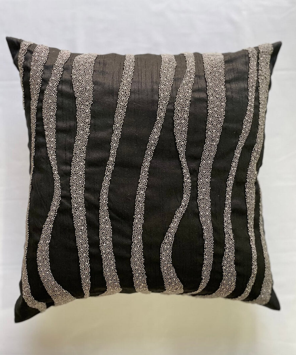 Black bead handembroidery silk cushion cover