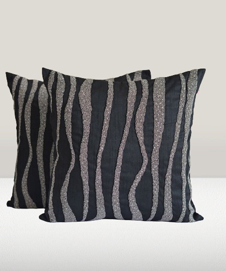 Black bead handembroidery silk cushion cover