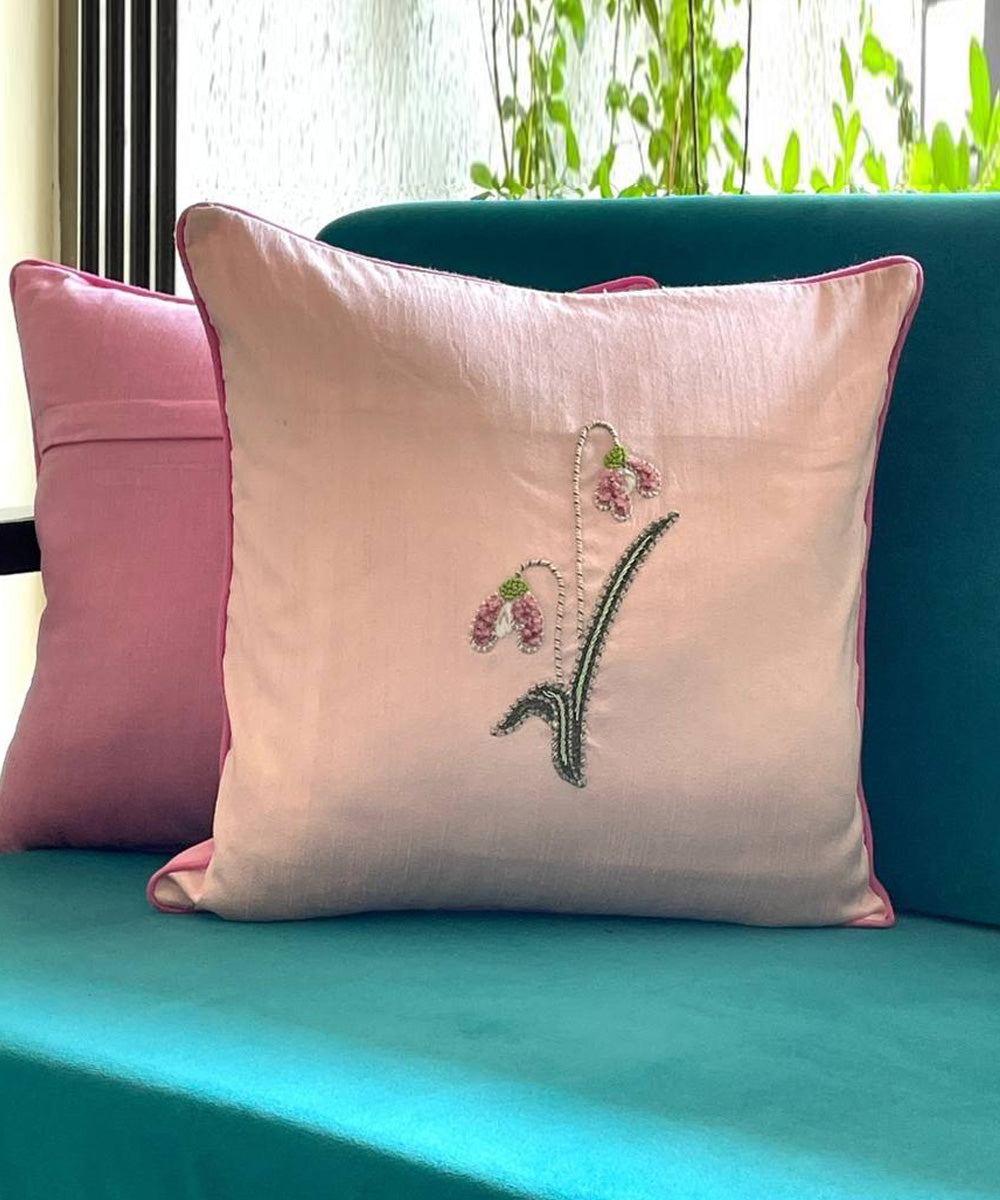 Pink handembroidered dupion silk cushion cover