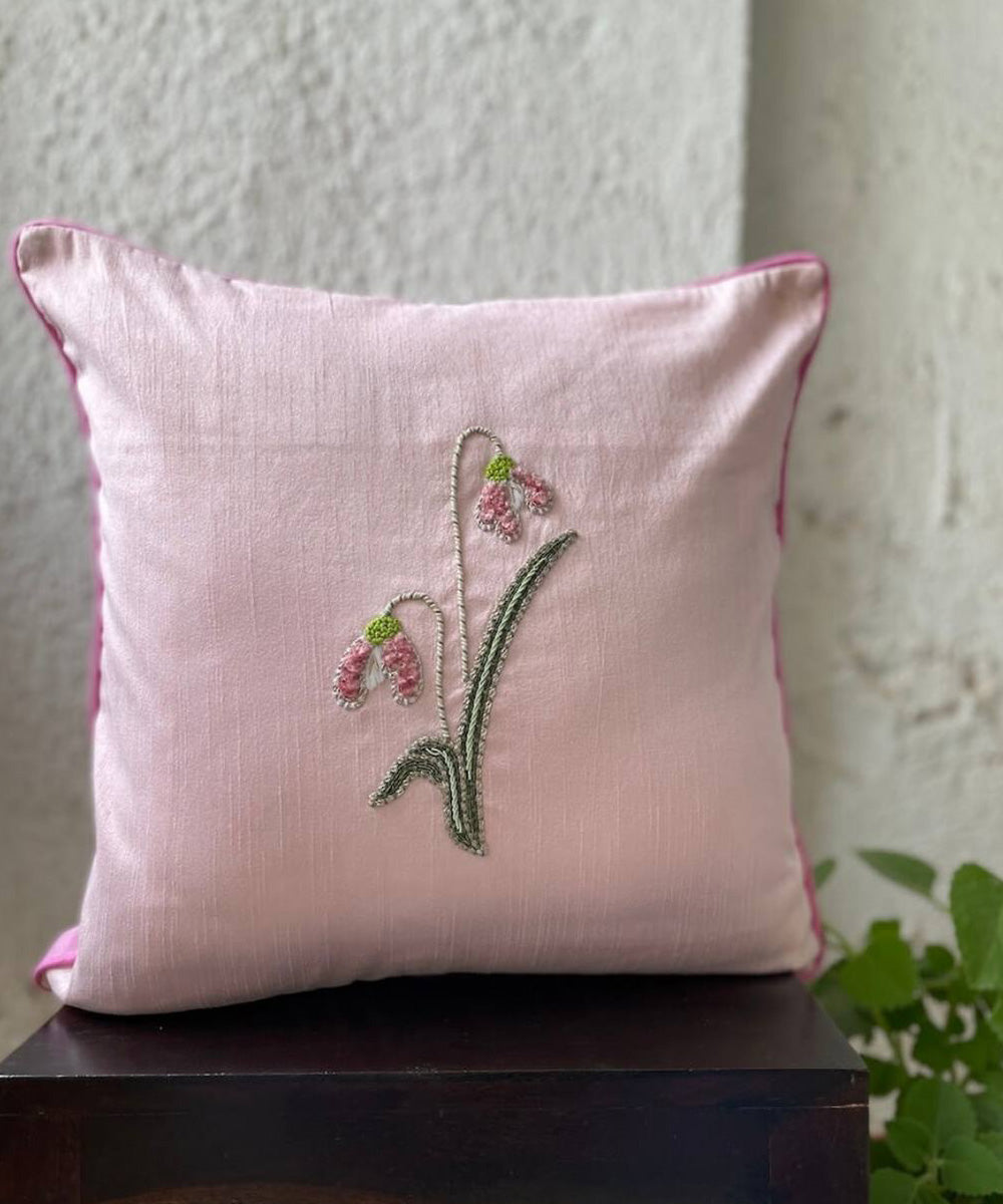 Pink handembroidered dupion silk cushion cover