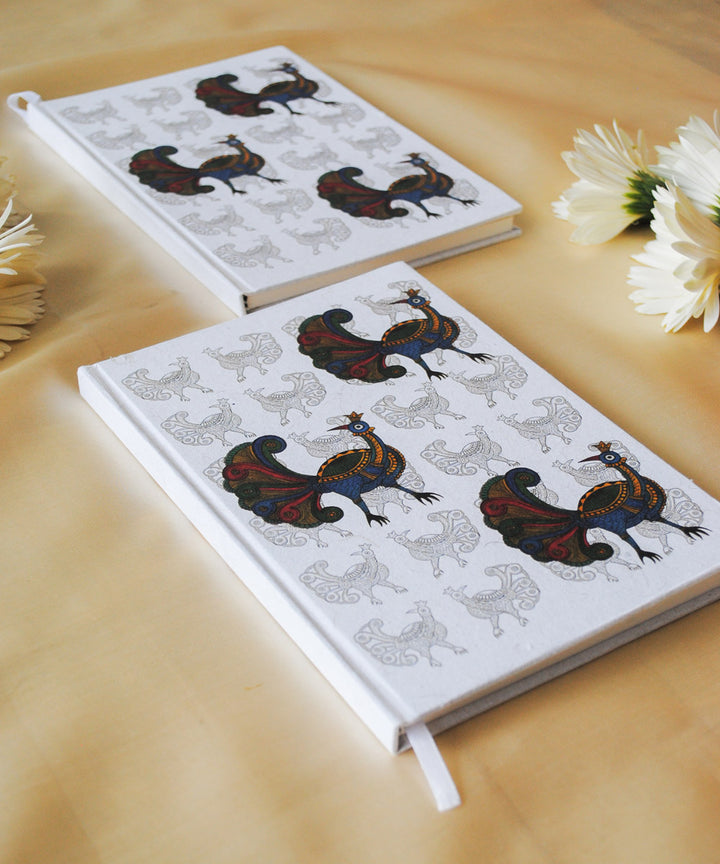 White handcrafted peacock gond art A5 journal