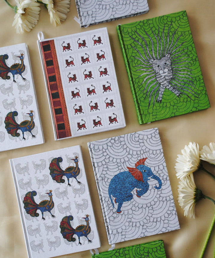 White handcrafted peacock gond art A5 journal
