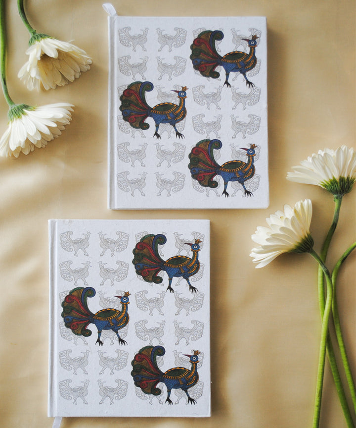 White handcrafted peacock gond art A5 journal