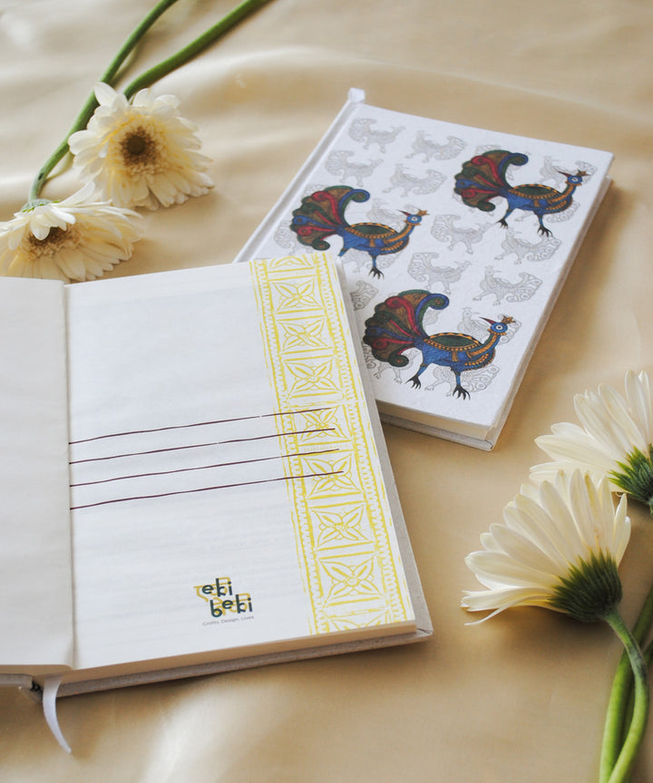 White handcrafted peacock gond art A5 journal