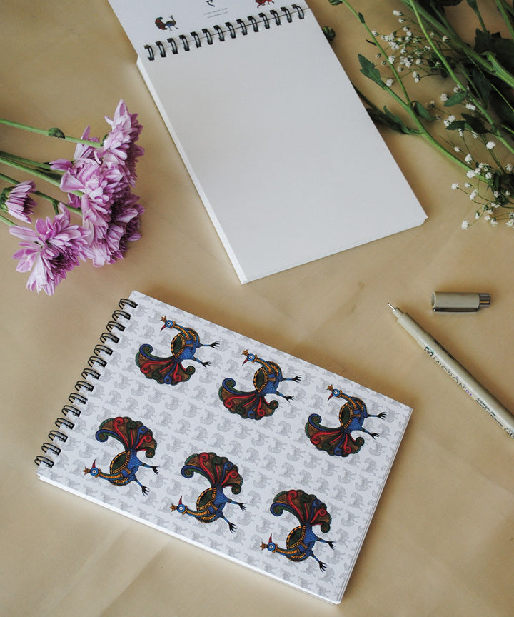 White hand crafted peacock gond art A5 journal