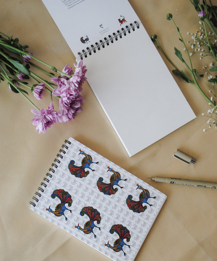 White hand crafted peacock gond art A5 journal