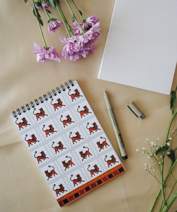 White hand crafted wild boar gond art A5 journal