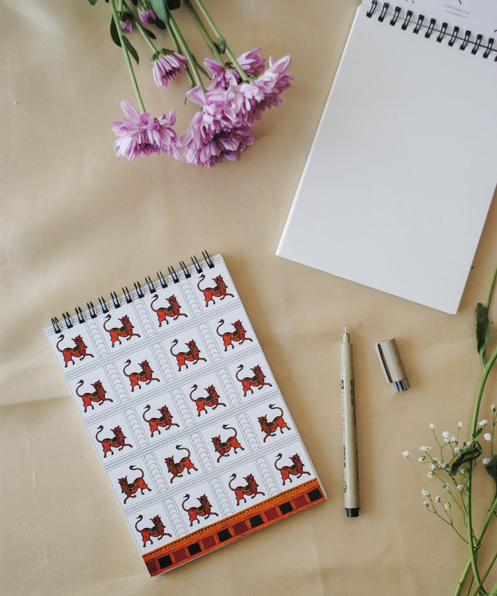 White hand crafted wild boar gond art A5 journal