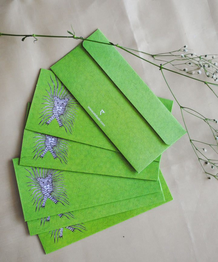 Green hand crafted tiger gond art envelope set of 6