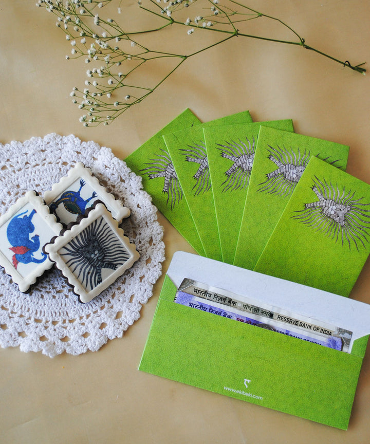 Green hand crafted tiger gond art envelope set of 6