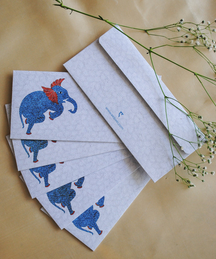 White hand crafted elephant gond art envelope set of 6