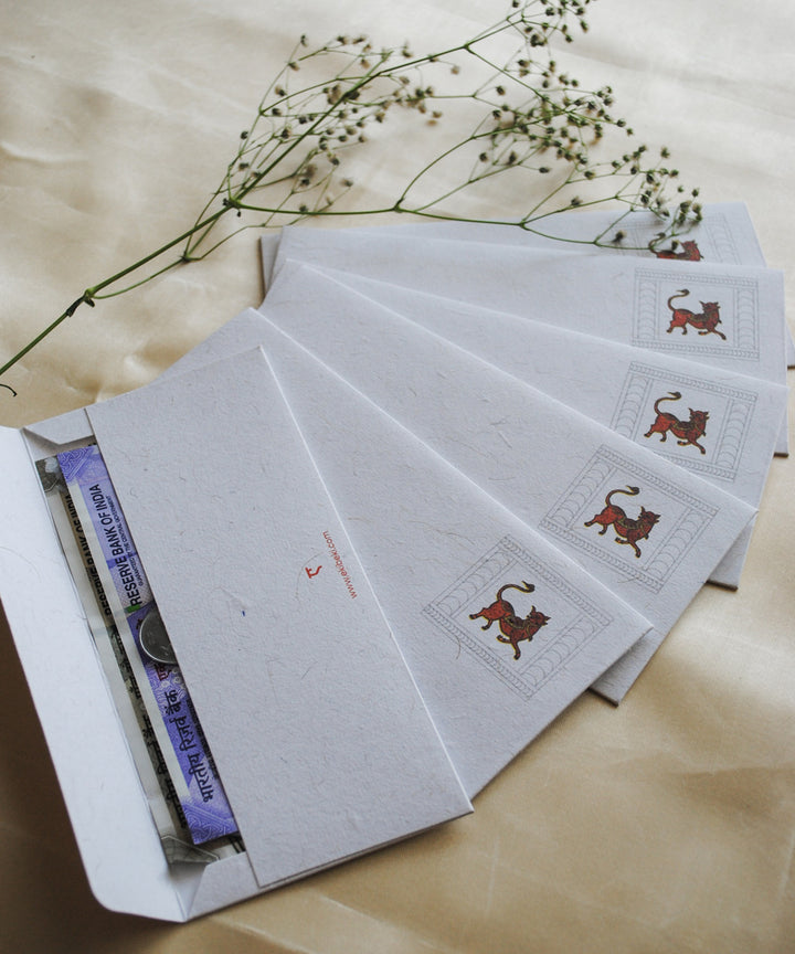 White hand crafted wild boar gond art envelope set of 6