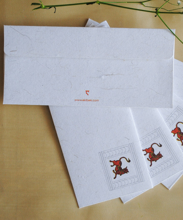 White hand crafted wild boar gond art envelope set of 6