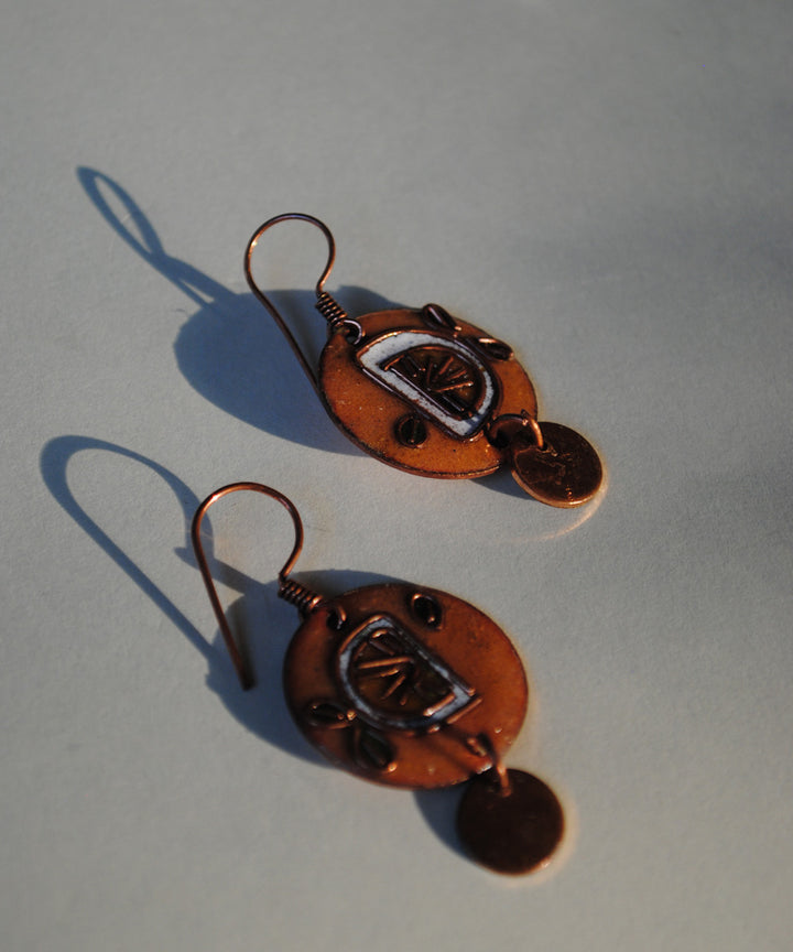 Yellow brown handcrafted lemon motif copper enamel earring