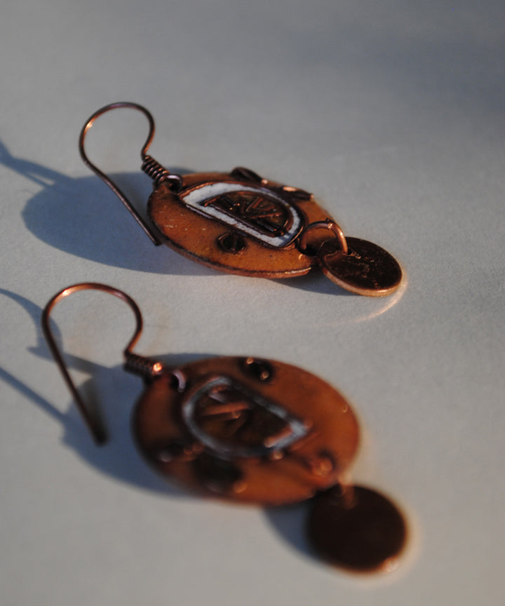Yellow brown handcrafted lemon motif copper enamel earring